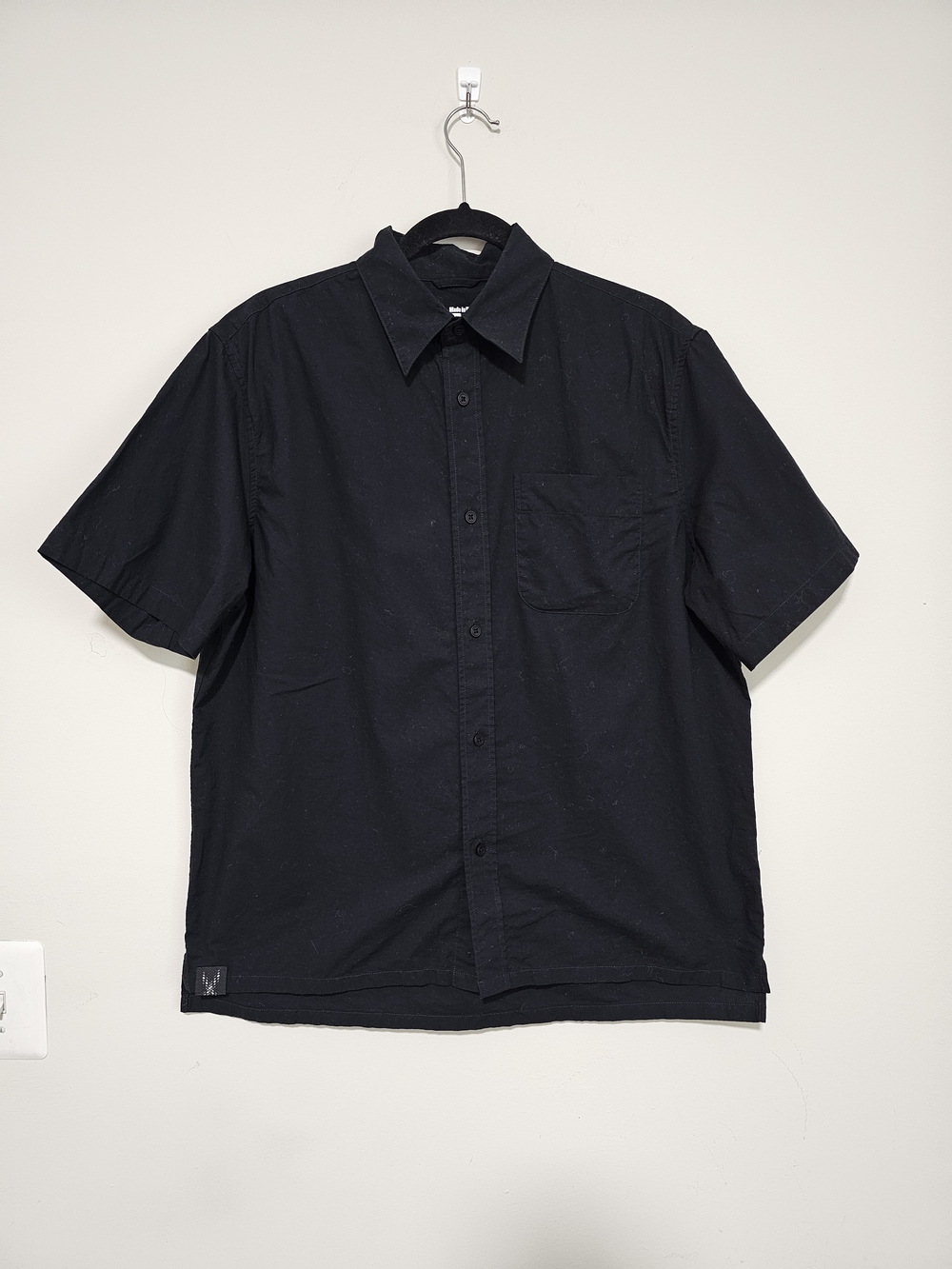 Outlier Freecotton Men Button Down Shirt L Black Short Sleeve Minimal Casual ~